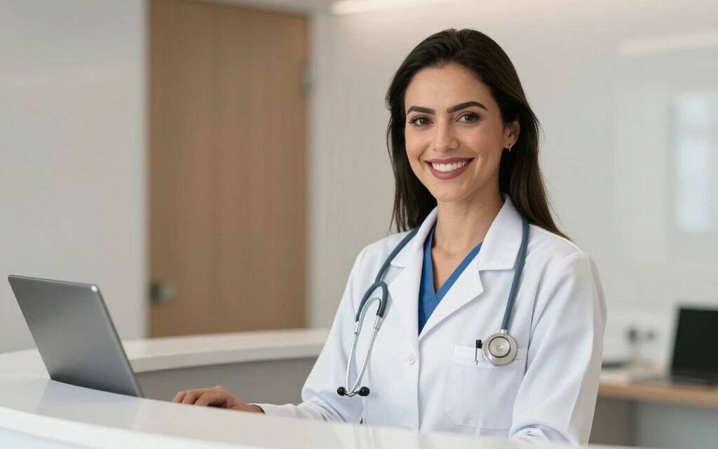 Médica usando o sistema na clínica