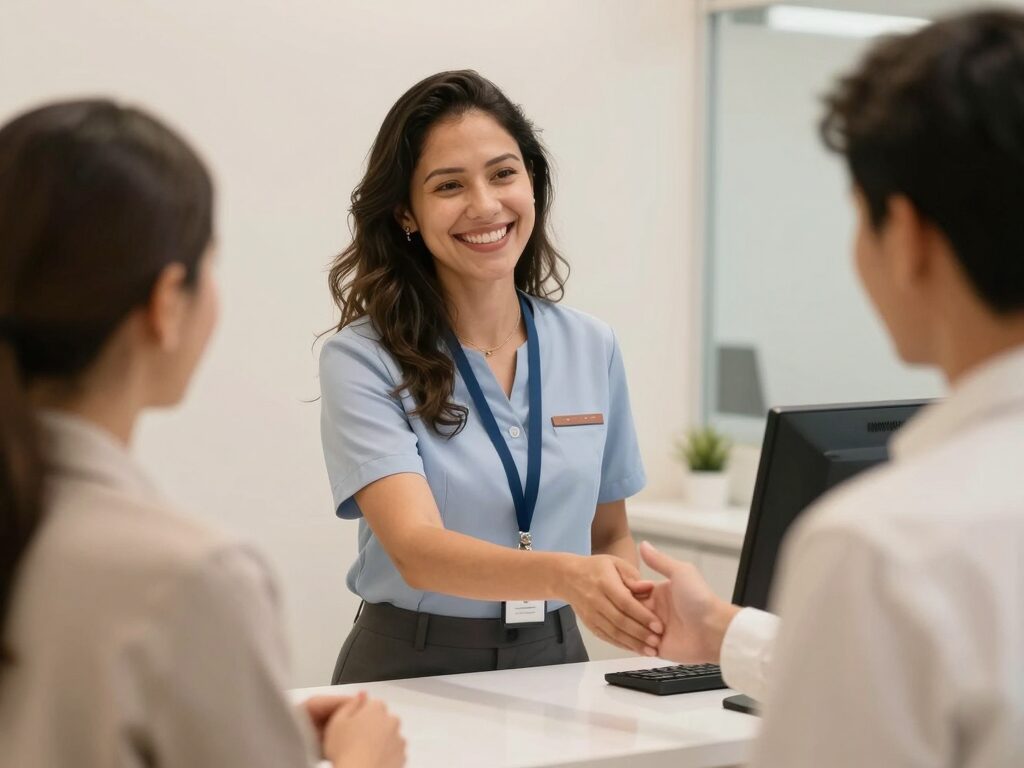 Recepcionista atendendo paciente na clínica