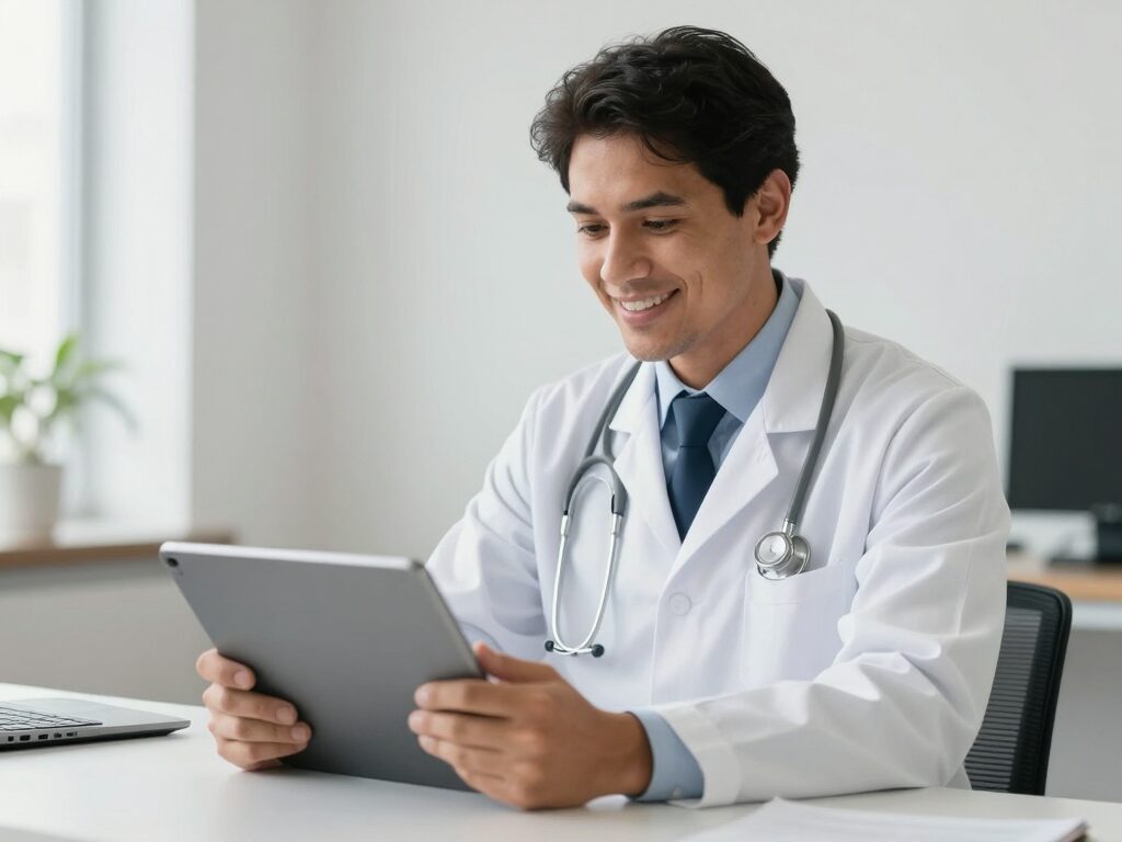 Médico em teleconsulta pelo tablet