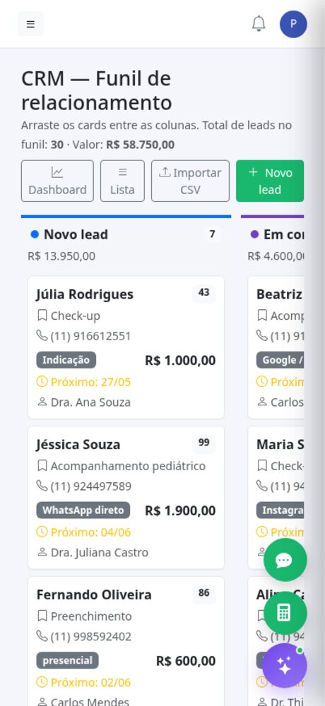 CRM / Funil Kanban no celular