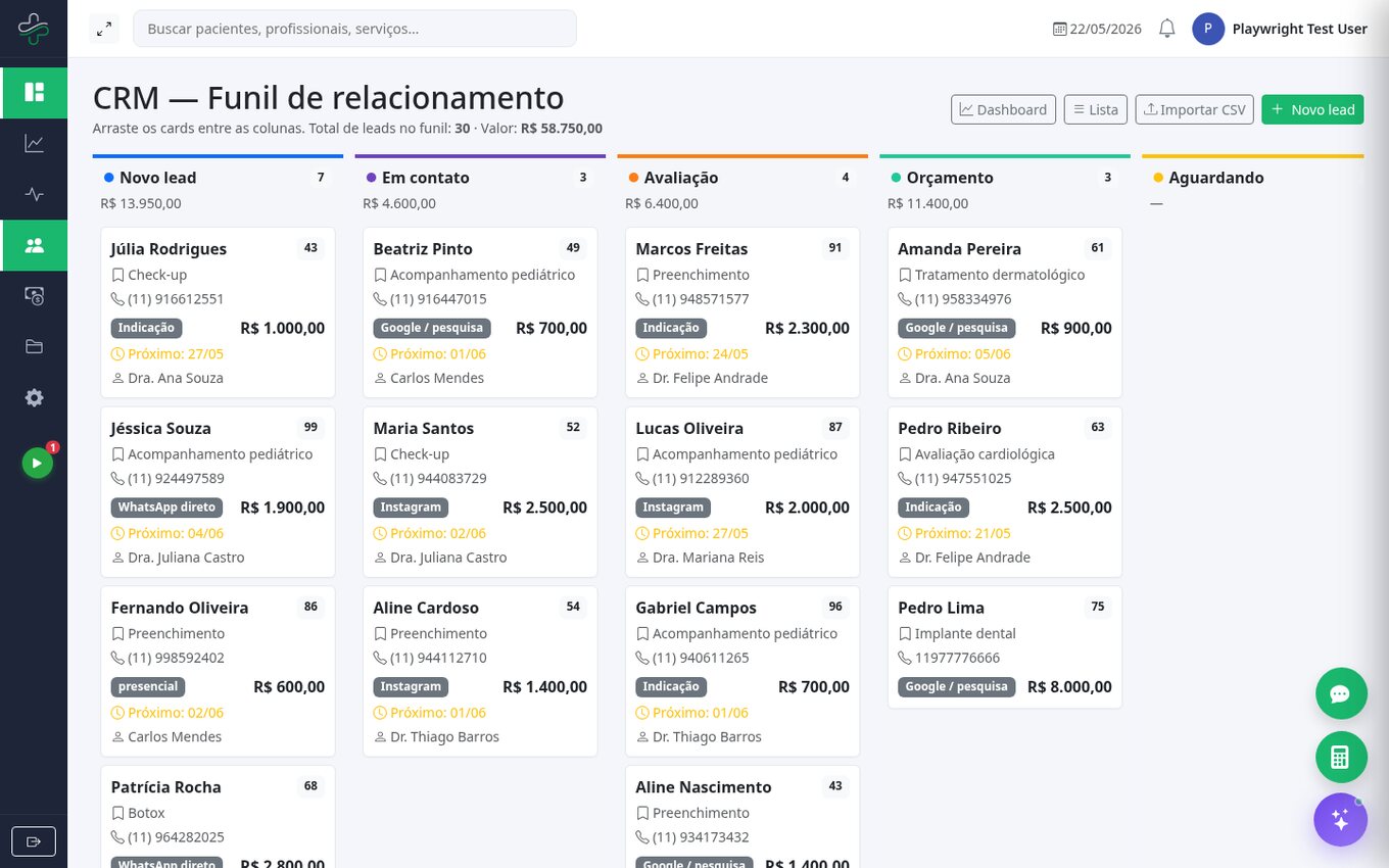 CRM / Funil de vendas — ClinPlus